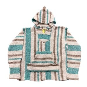 Iguana Jack Baja Hoodie Unisex Medium Teal Brown Striped Jerga Surf Pullover